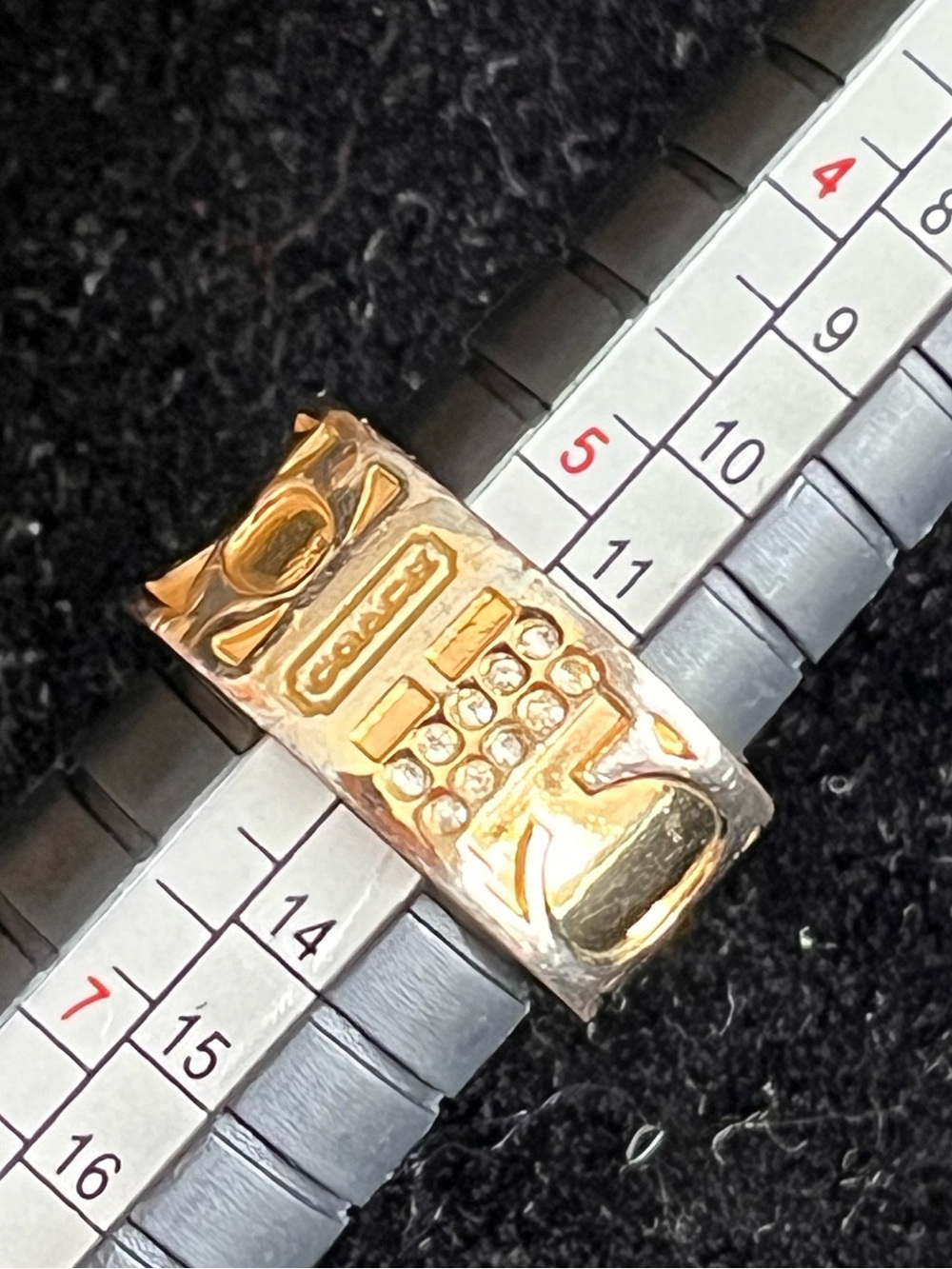 COACH Gold Tone Signature C Wide Cigar Band Ring Swarovski Crystals Sz 5.5/6